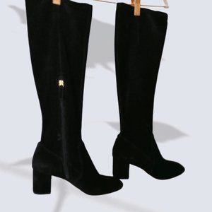 Kate Spade Black Suede Leanne Knee High Boots Boho Style Block Heel Size 7.5M